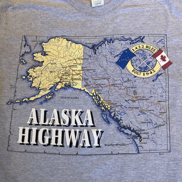 Vintage 90s Alaskan Highway T Shirt Men's Size Large Gray Alaska Map Souvenir - Picture 2 of 11